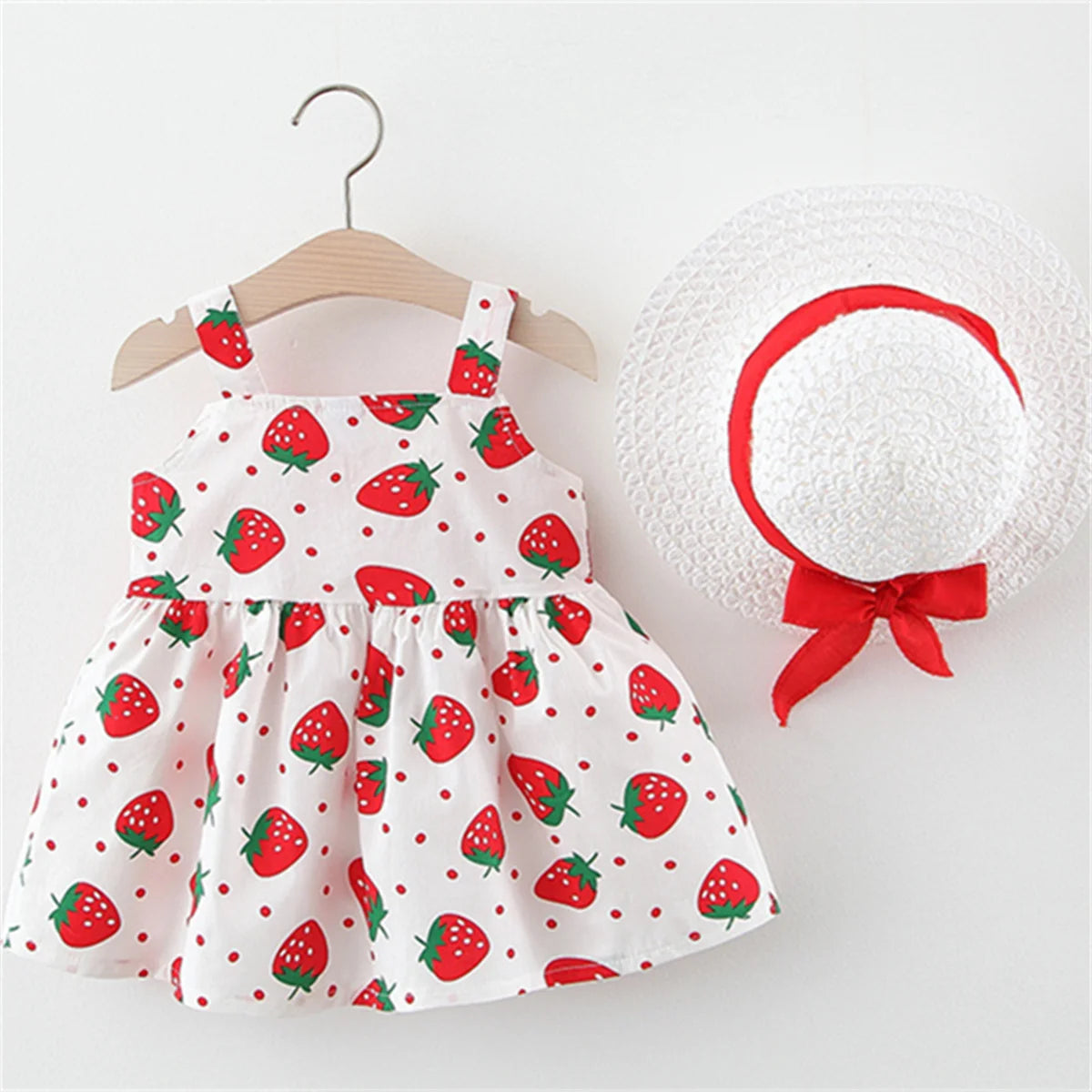 Vestido de verão para meninas, redondo com estampa de morango, laço no peito, vestido casual com chapéu